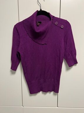 Takeout Vibrant Purple Short-Sleeve Cowl Neck Sweater with Shoulder Buttons